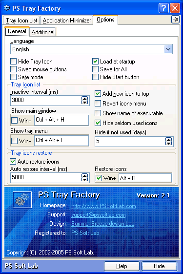 General options of the system tray manager (traymanager)
